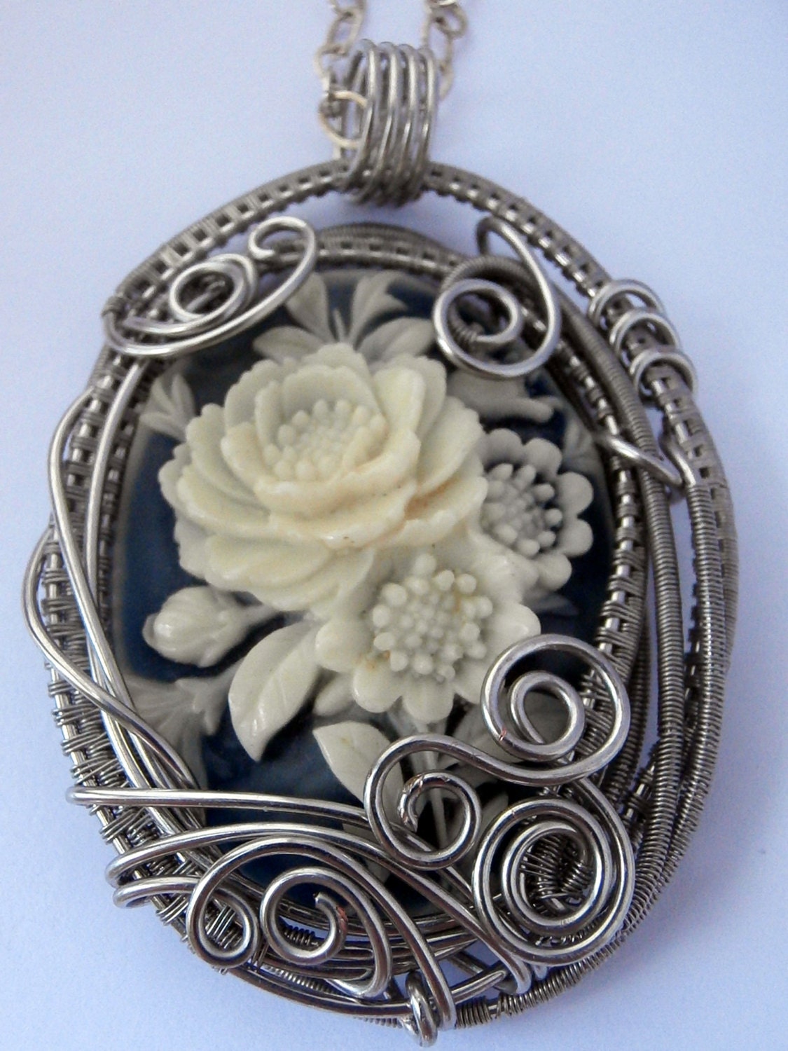 Wire Wrapped Vintage Blue Cameo Rose Pendant Necklace, Handmade Jewelry