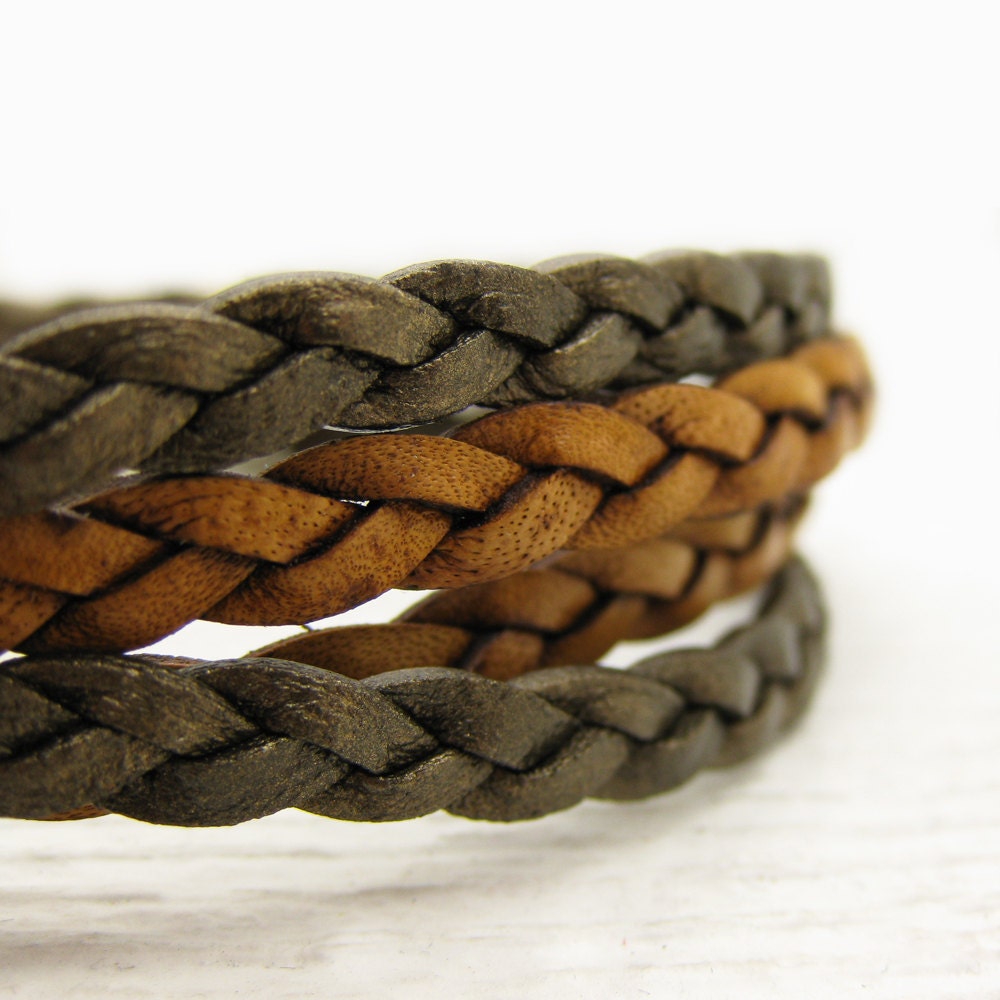 Natural Brown Eco Friendly Braided Leather Wrap Unisex Bracelet with Solid Sterling Silver / bohemian tribal fashion bracelet