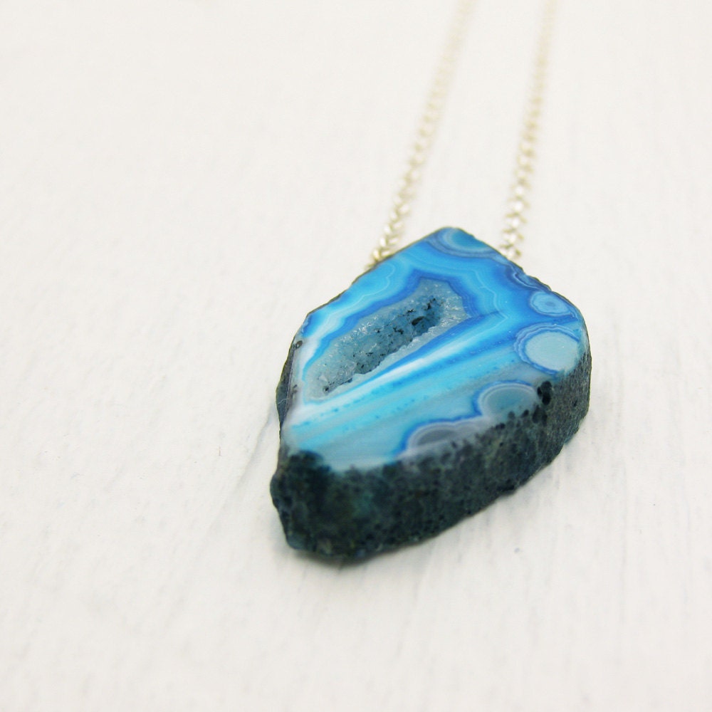 Colorful Druzy Pendant Necklace / Bright Blue Agate Sterling Silver / Purple Pink Lime Green Crystal Drusy / Organic Bohemian Geode Shape