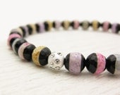 Pastel Stripes Bead Bracelet / Agate Sterling Silver Rhinestone Spring Bracelet / Candy Color Stacking Bracelet / Retro Lavender Pink Blue