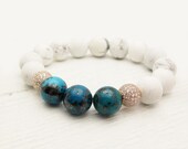 Congo Chrysocolla Pave Bead Bracelet / Snow White Howlite Sterling Silver CZ Hand Set Pave / deep sea blue / pave bling / bright ocean blue
