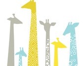 giraffes 8X10 giclee. yellow, chartreuse & gray, blue.
