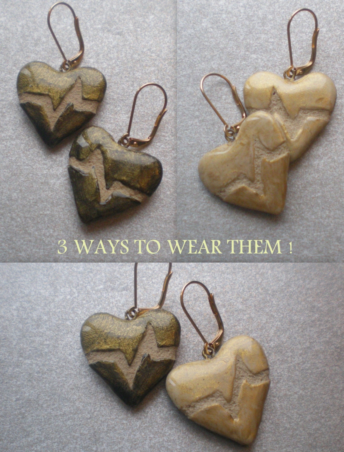 Brass Gold Beating Heart REVERSIBLE Mosaic Tile Earrings