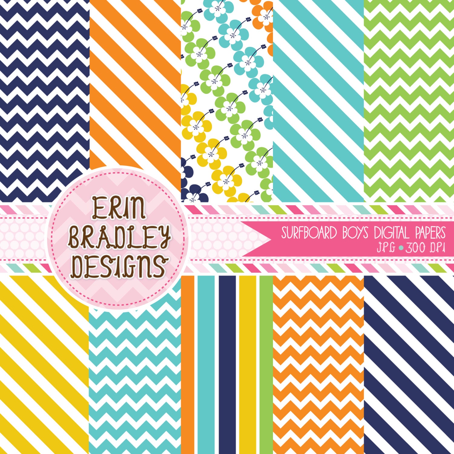 Surfboard Boys Striped Digital Paper Pack Personal & Commercial Use INSTANT DOWNLOAD