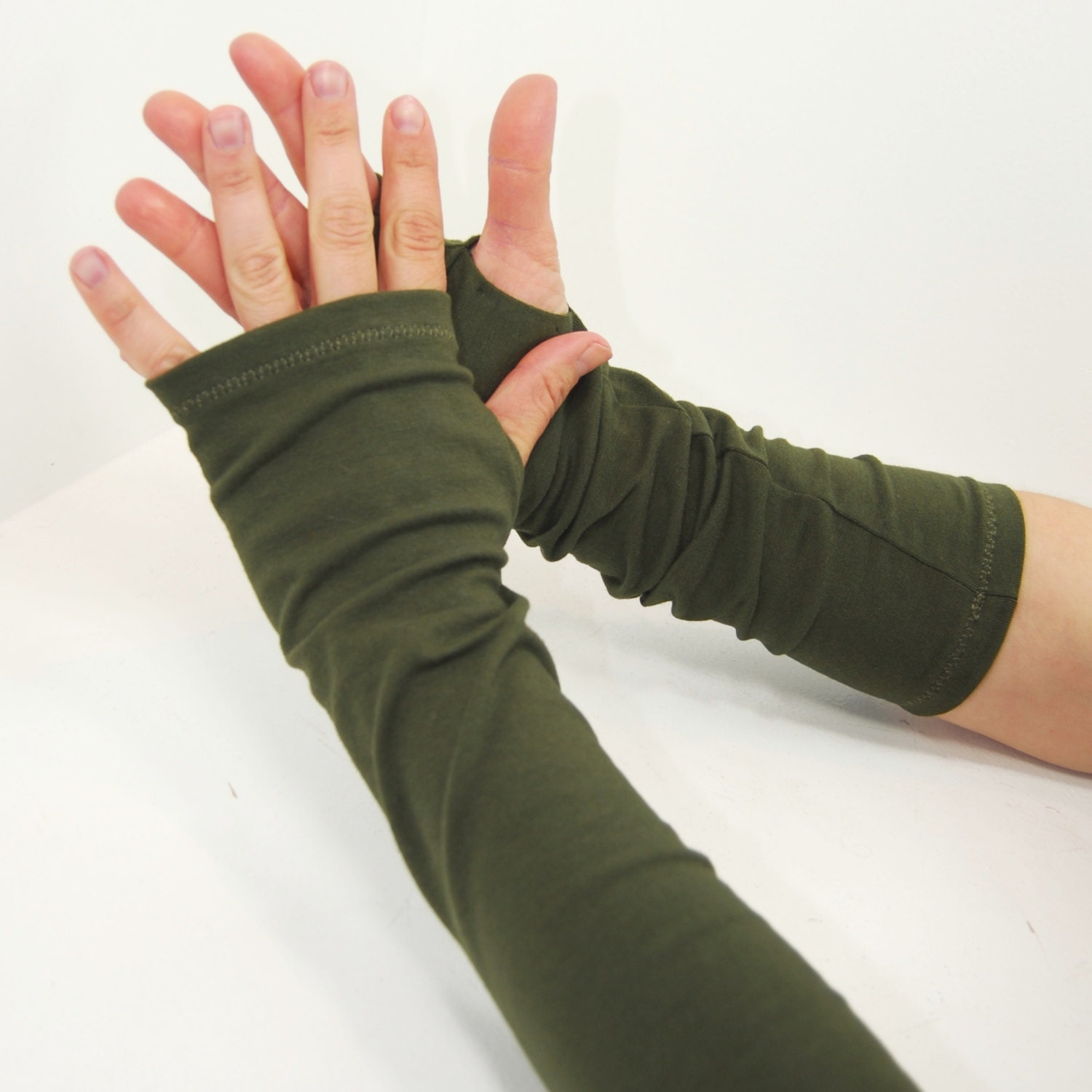 Arm Warmers in Dark Moss Green - Organic Cotton - Fingerless Gloves