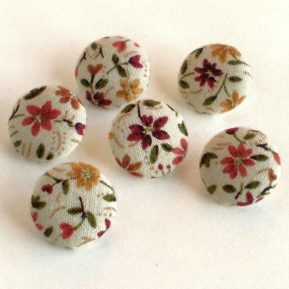 Fabric Buttons Autumn Flowers 6 Small Fall Terracotta, Yellow, Brown and Beige Floral and Leaves Fabric Covered Buttons