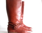Sz 7 1/2 Brown Leather Pirate Riding Boots with woven loop
