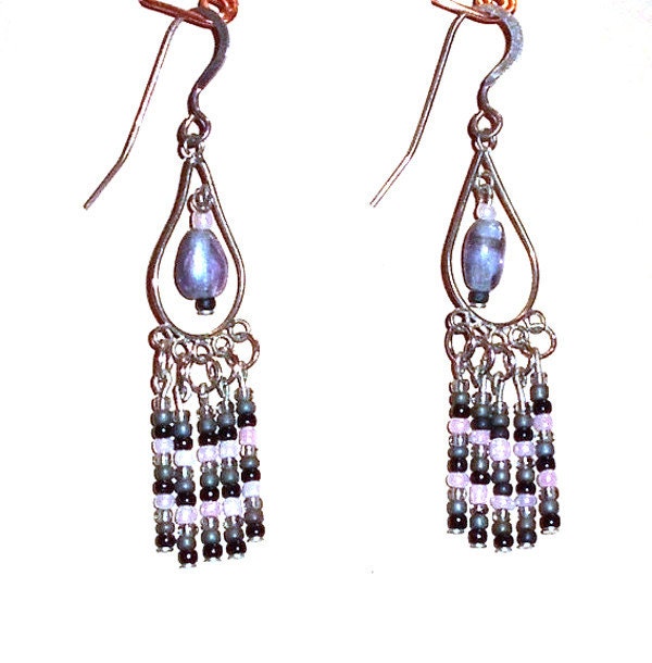 Pink Grey Drop Beaded Earrings, Elegant