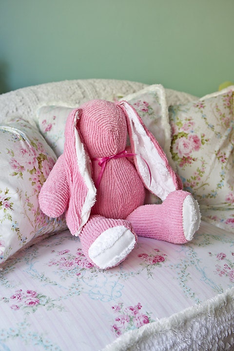 shabby chic bunny rabbit vintage chenille bedspread baby girl pink stuffed animal cottage toy