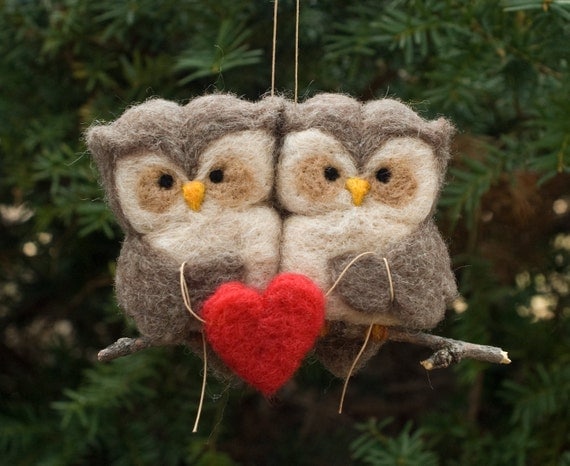 Needle Felted Owl Ornament - Love Birds