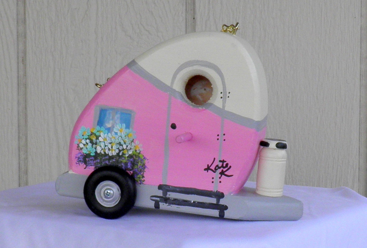 Birdhouse Trailer, Ornamental Pink and Ivory Tear Drop Trailer, Hand Made and Hand Painted