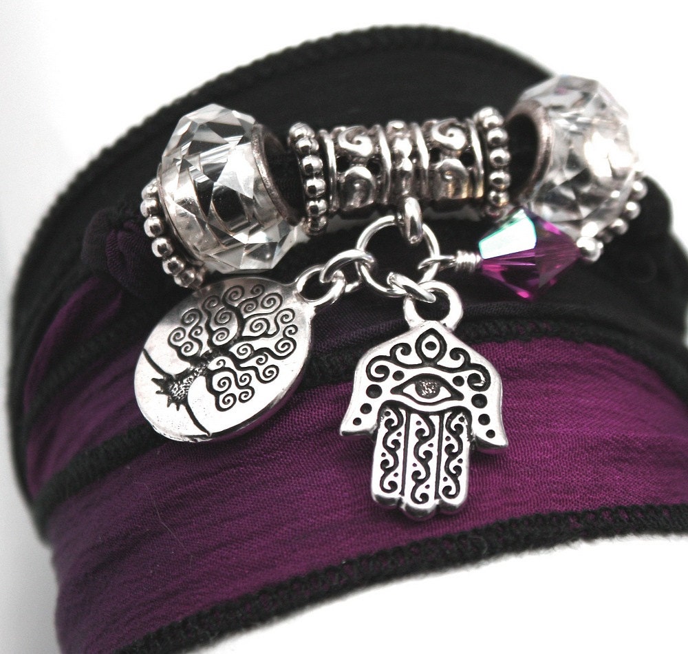 Chloe Silk Wrap Bracelet with Hamsa and Tree of Life