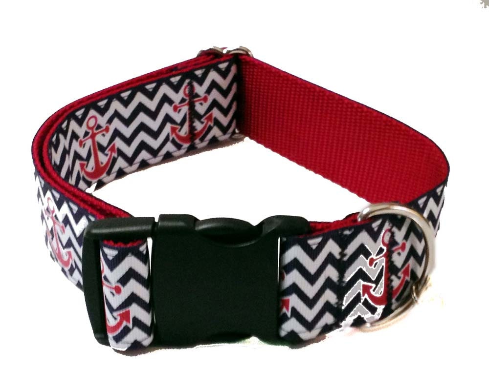 Chevron Anchor Large Dog Collar 1.5" Wide Nautical Dog Collar