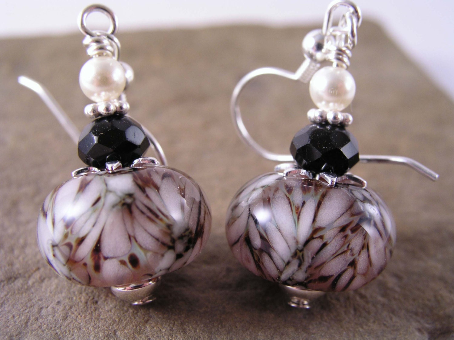 Black White Lampwork Earrings, Glass Lampwork Boro Earrings, Black Onyx White Pearl Lampwork Earrings, Gift Earrings, Woodland Lace Earrings