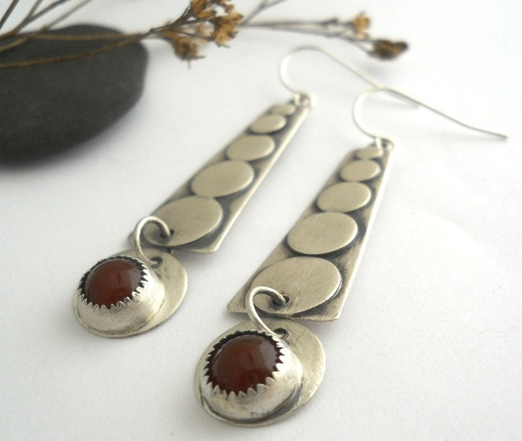 carnelian stack earrings, sterling silver decorative earrings, rust colored, gemstone earrings, dangle earrings