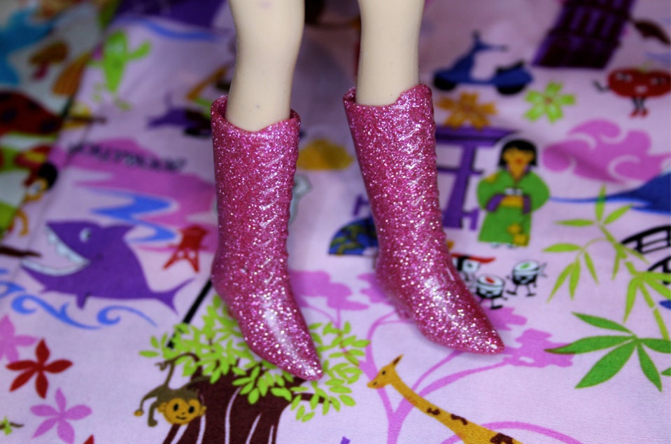 Blythe Bright dusty Pink with glitter Witchy Boots - Doll shoes
