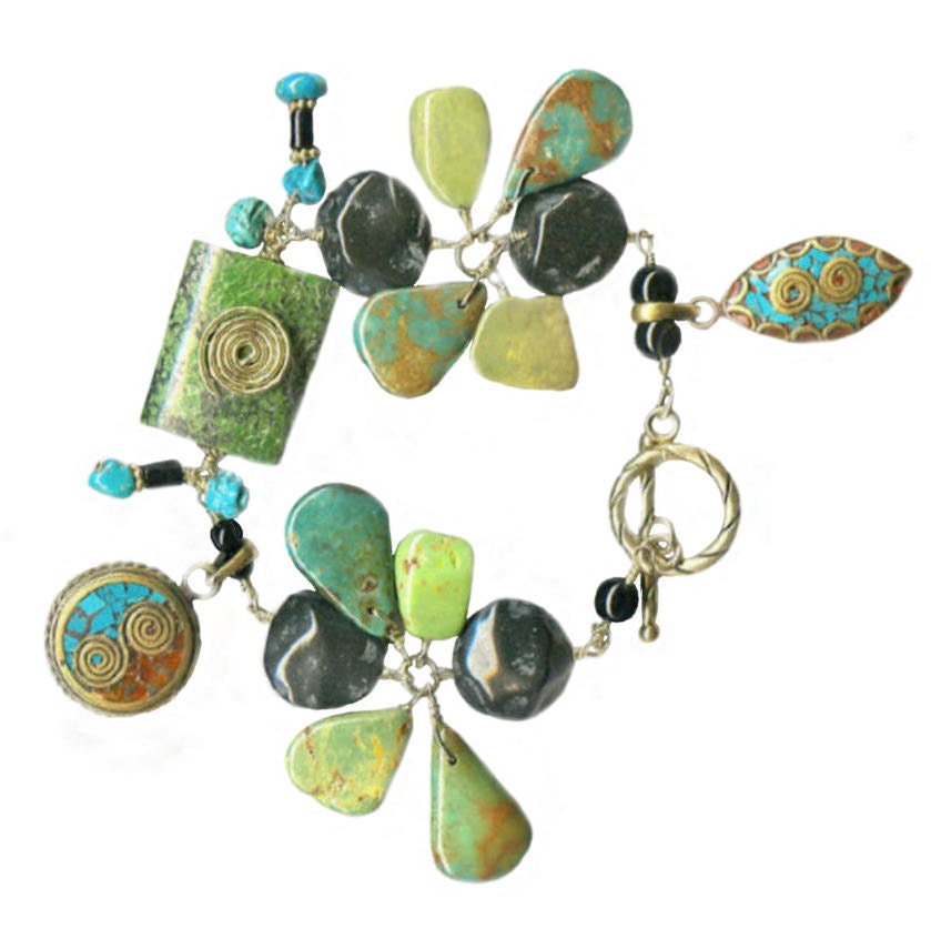 powerful statement bracelet healing stones green turquoise Nepal turquoise coral brass inlay