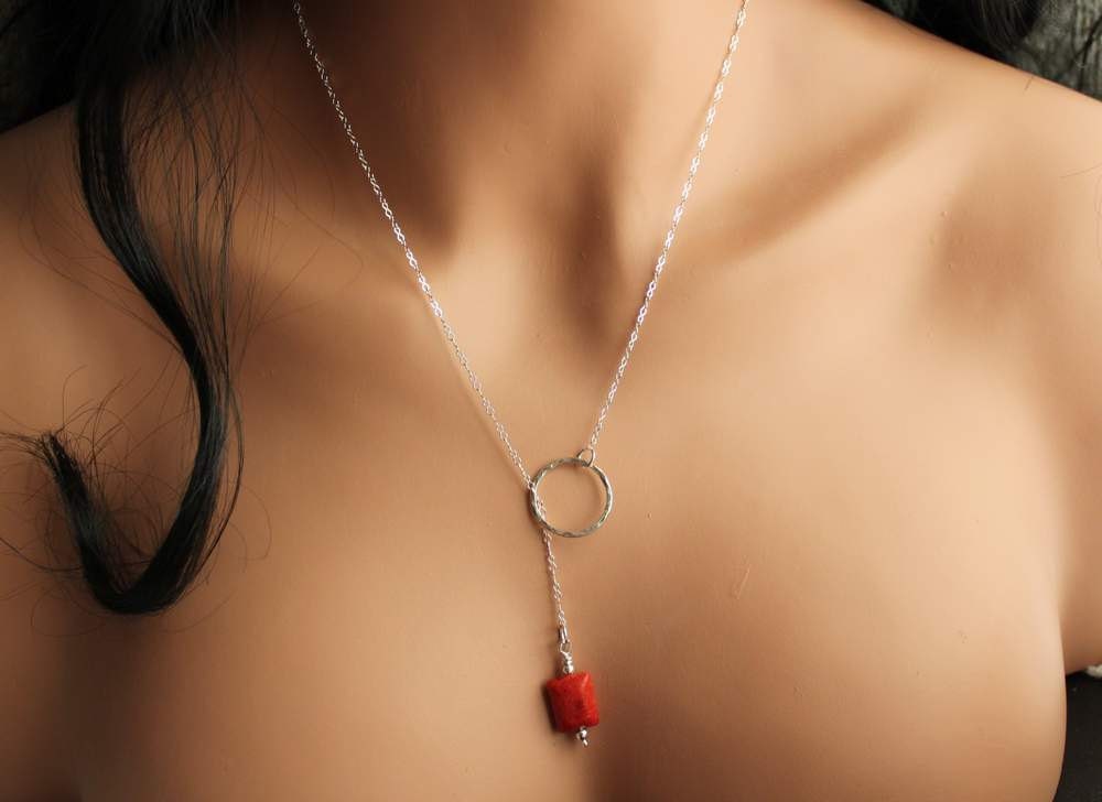 Sterling Lariat and Sponge Coral bead necklace, Sterling silver, bead, Handmade