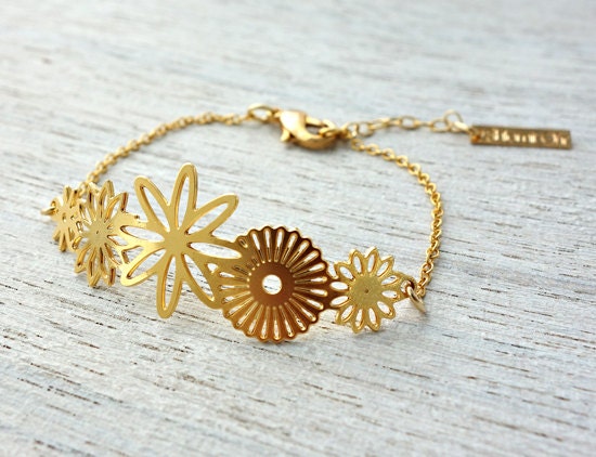 Flores Link Bracelet, wedding, bridal gold silver charm Mexican Dia de los Muertos theme flowers woodland jewelry
