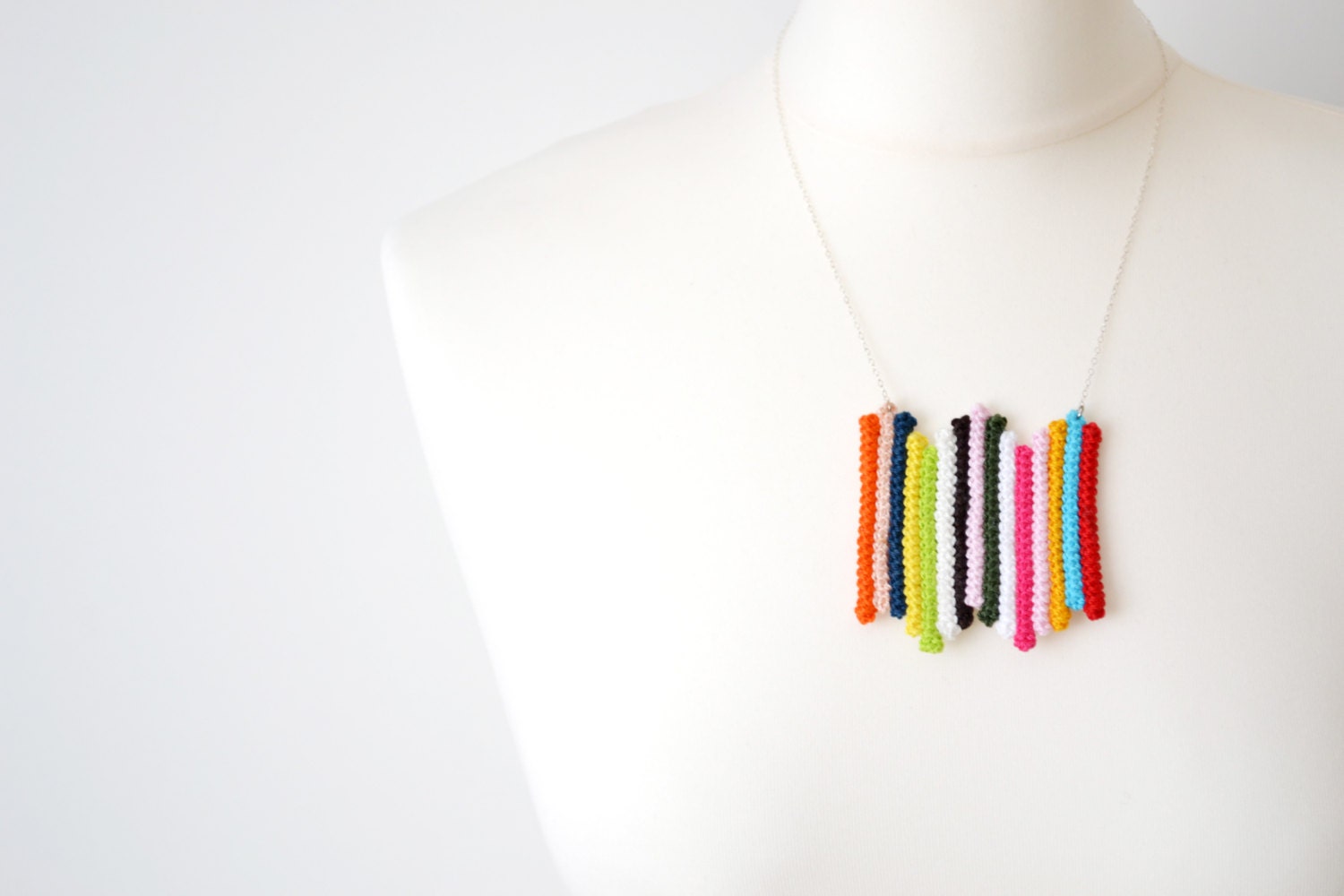 crochet colorful textile necklace with multi colored lines from cotton and sterling silver chain - crazy stripes in boho style, gift for her