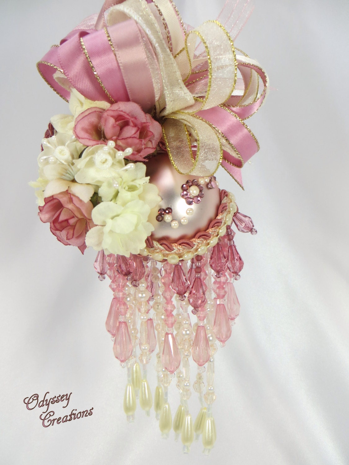 Pale Pink, Mauve and Ivory Pearl Victorian Beaded Ornament Christmas Ornament or Home Decoration