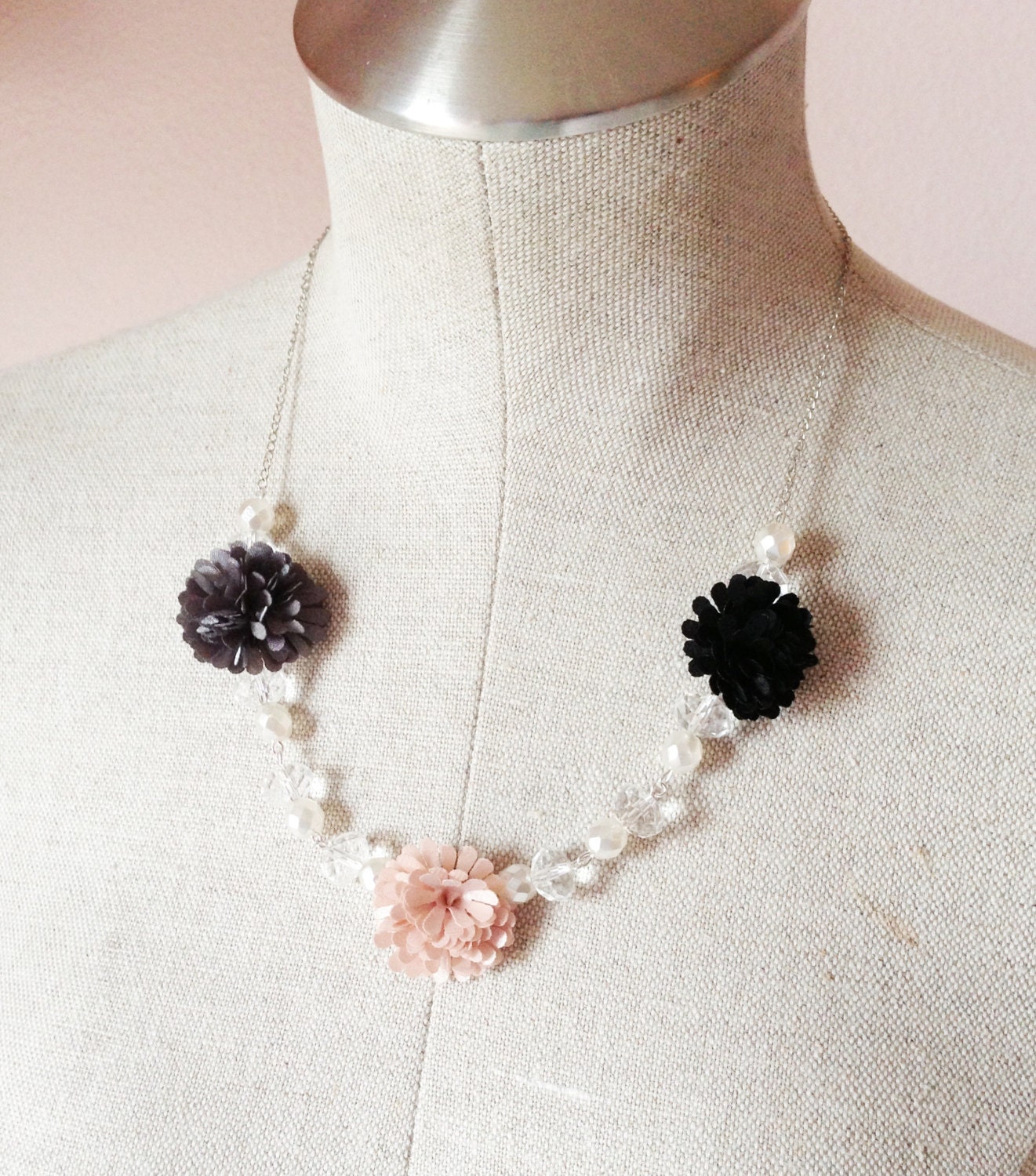 Blush pink, silver, and black Pom Pom crystal flower necklace
