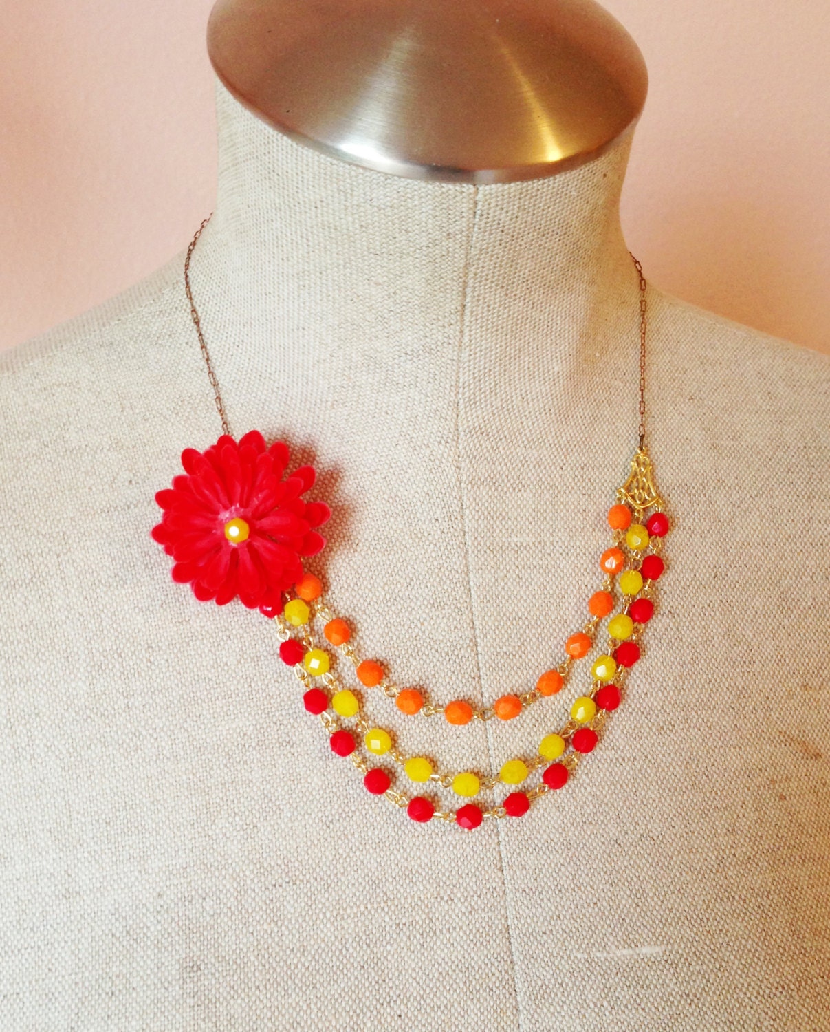 Bold, bright, orange, red, yellow, flower, statement necklace, layered necklace 