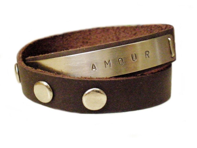 Double Wrap Hand stamped Leather unisex Bracelet, Hand stamped jewelry