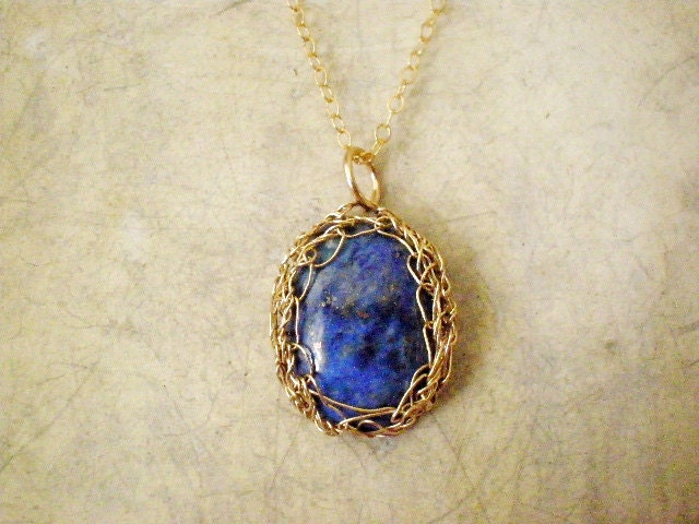 Lapis lazuli crochet necklace, 14k gold filled crochet pendant necklace