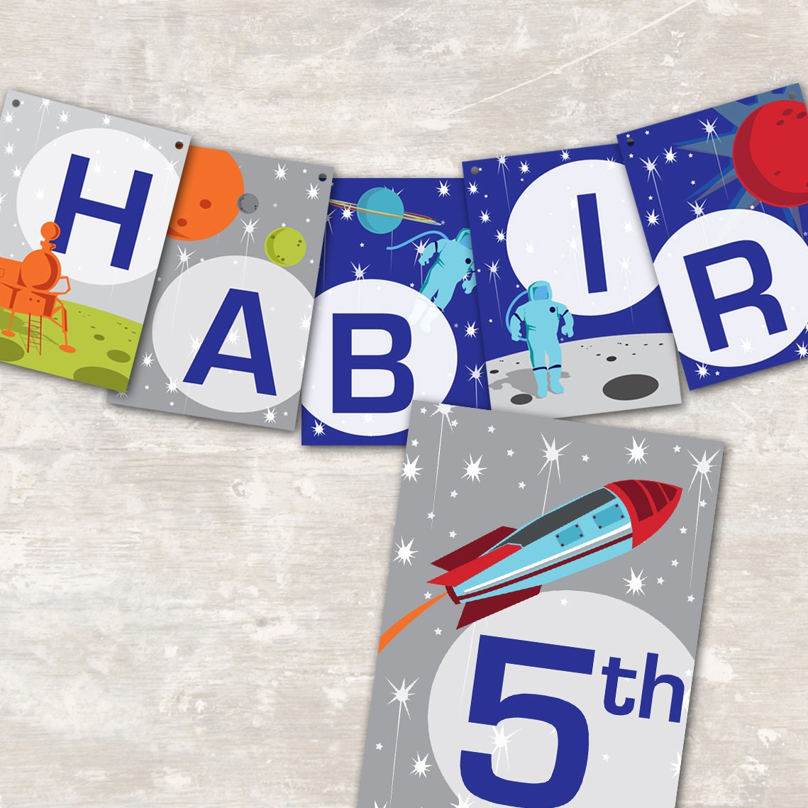 Space Rocket Astronaut Birthday Party Pennant Banner ("Happy 1st Birthday") PRINT & SHIP
