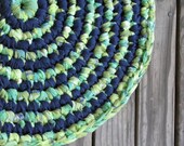 Navy with Green Plaid Swirl Rag Rug Hand Crocheted Upcycled materials OOAK