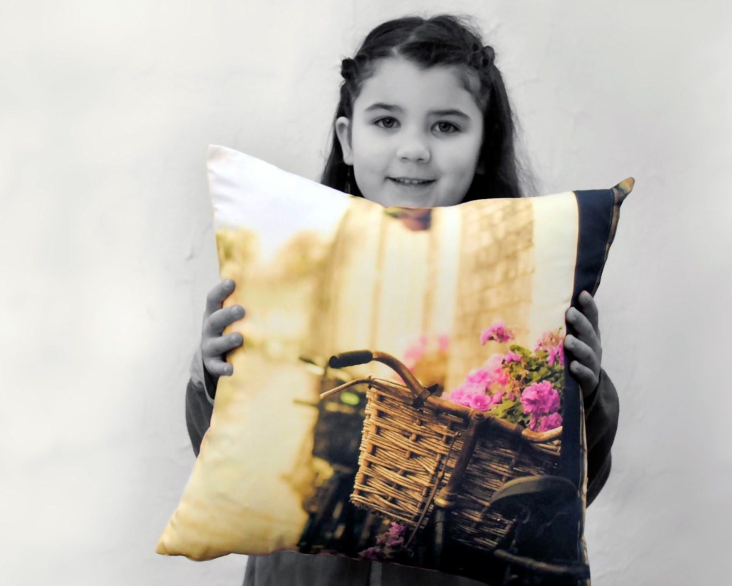 French Country Organic PILLOW Sham Cover - Romantic Bicycle Photo Pillow Home Decor - Dreamy Yellow Pink Cushion - Collab with Raceytay