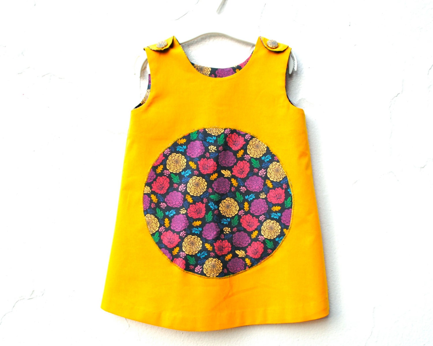 The Matilda Dress - Organic Girls Dress - Eco Friendly Modern Pinafore in Yellow Gold with Botanical Garden Flowers (READY TO SHIP in 2T)