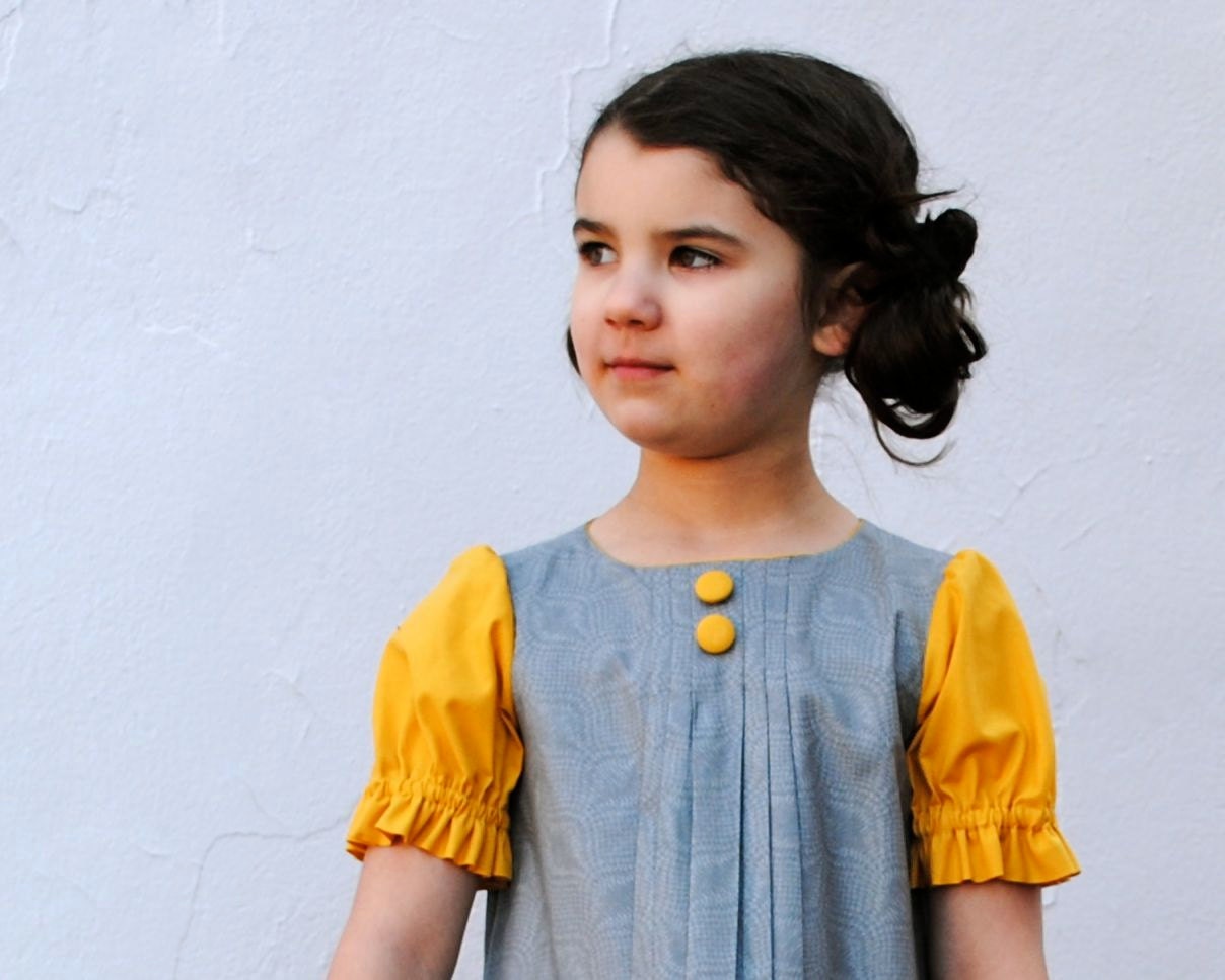 The Audrey Dress - Girls Dress in Retro Style Yellow Gold and Gray with Box Pleats - Handmade Indie Kids Fashion (Ready to Ship 3T 4T)