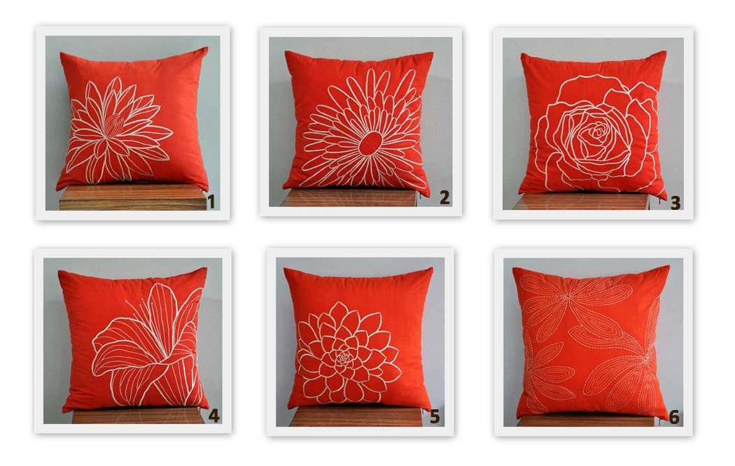 Orange DecorativeThrow Pillow Cover, Set of 2 Pillow Case 18x 18, Orange Linen with Beige Floral Embroidery, CHOOSE YOUR DESIGNS