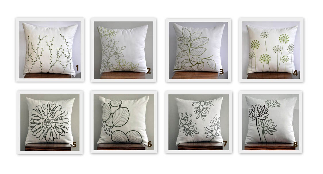 Pussy Willow Throw Pillow Cover, Decorative Pillow Cover, Cream Pillow Fresh Green Floral Embroidery, Pillow Accent, Pillow Case 18 x 18