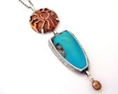 Beach Combing - Turquoise Necklace with Copper Ammonite and Pearl set in Sterling Silver - Carlin Mine Turquoise Necklace