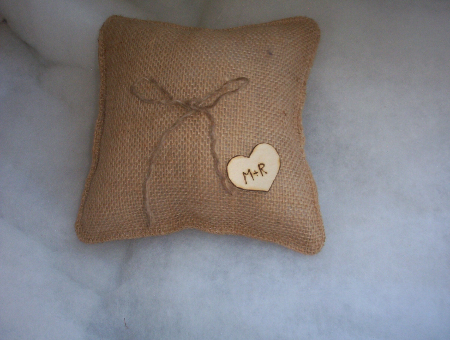 Burlap Ring Bearer Pillow with Personalized Wood Burned Heart and Jute Tie