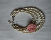 Multi-Strand Pearl  Necklace with Pink Peony detail