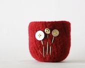 felted wool bowl - wine red with white and brown flowers - small felt bowl - gifts under 20 25