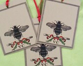 Personalized Christmas Gift Tags , Napoleonic Bee  Supplies Set 18 Kraft Tags, Vintage Inspired Holiday Hand Colored Gift Wrapping Tags