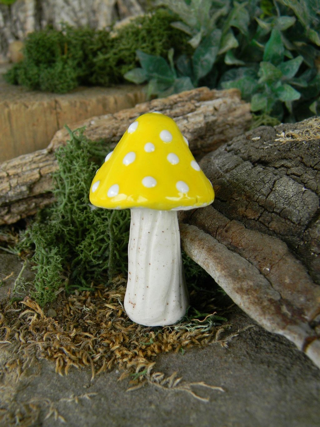 Ceramic Pottery Mushroom (1)  Yellow  Polka dot speck  Miniature ceramic glazed  fairy, gnome dollhouse garden statues handmade amanita fly