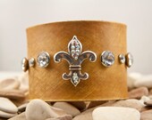 Puttin on the GLITZ-bling fleur de lis, distressed leather bracelet- 2 inch