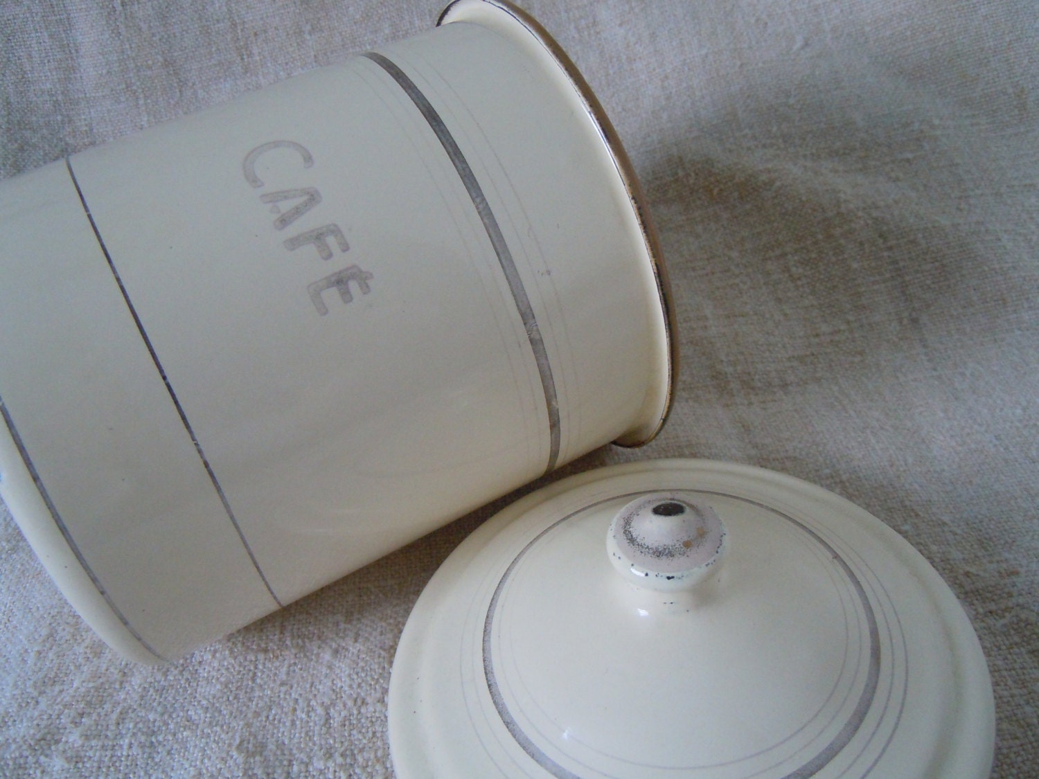 Vintage FRENCH CAFE Enamel CANNISTER Kitchen Decor Cottage Home Style Farmhouse Country Collectible