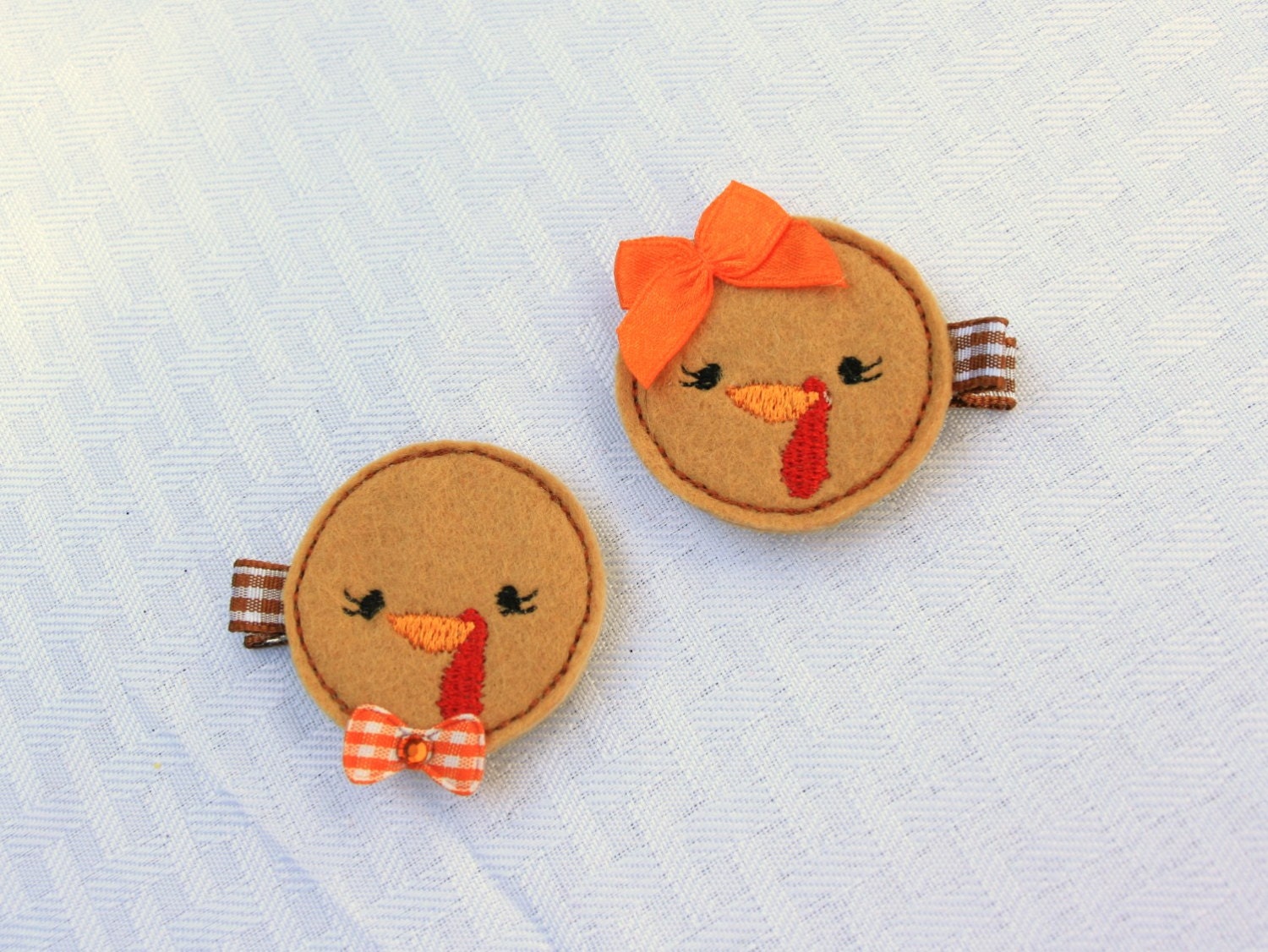 Mr & Mrs Tom Turkey Clippie Set, Orange and Brown Turkey Hair Clips