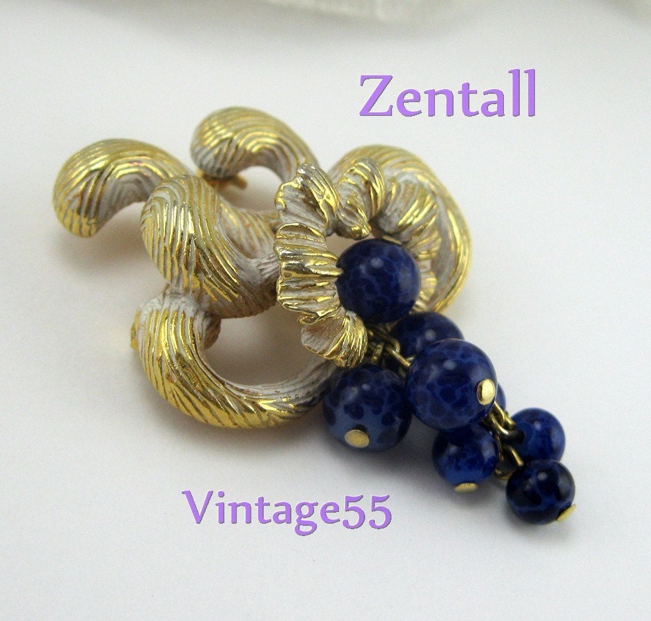 Vintage Brooch Blue Glass Beaded Floral by Zentall