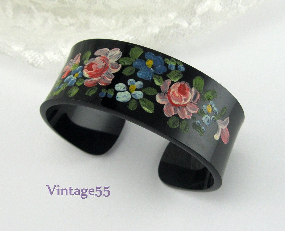 Vintage Cuff Bracelet Hand Painted Cabbage Rose small