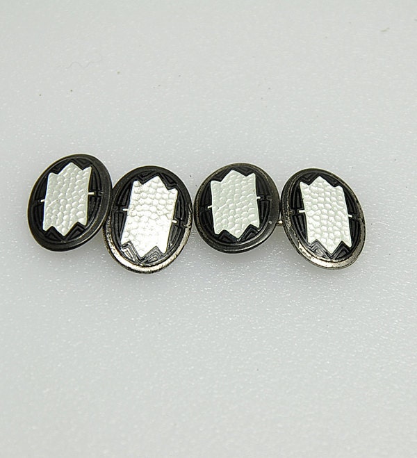 1920s Art Deco Sterling Silver Cuff Links / Guilloche Enamel / Black White / Cufflinks