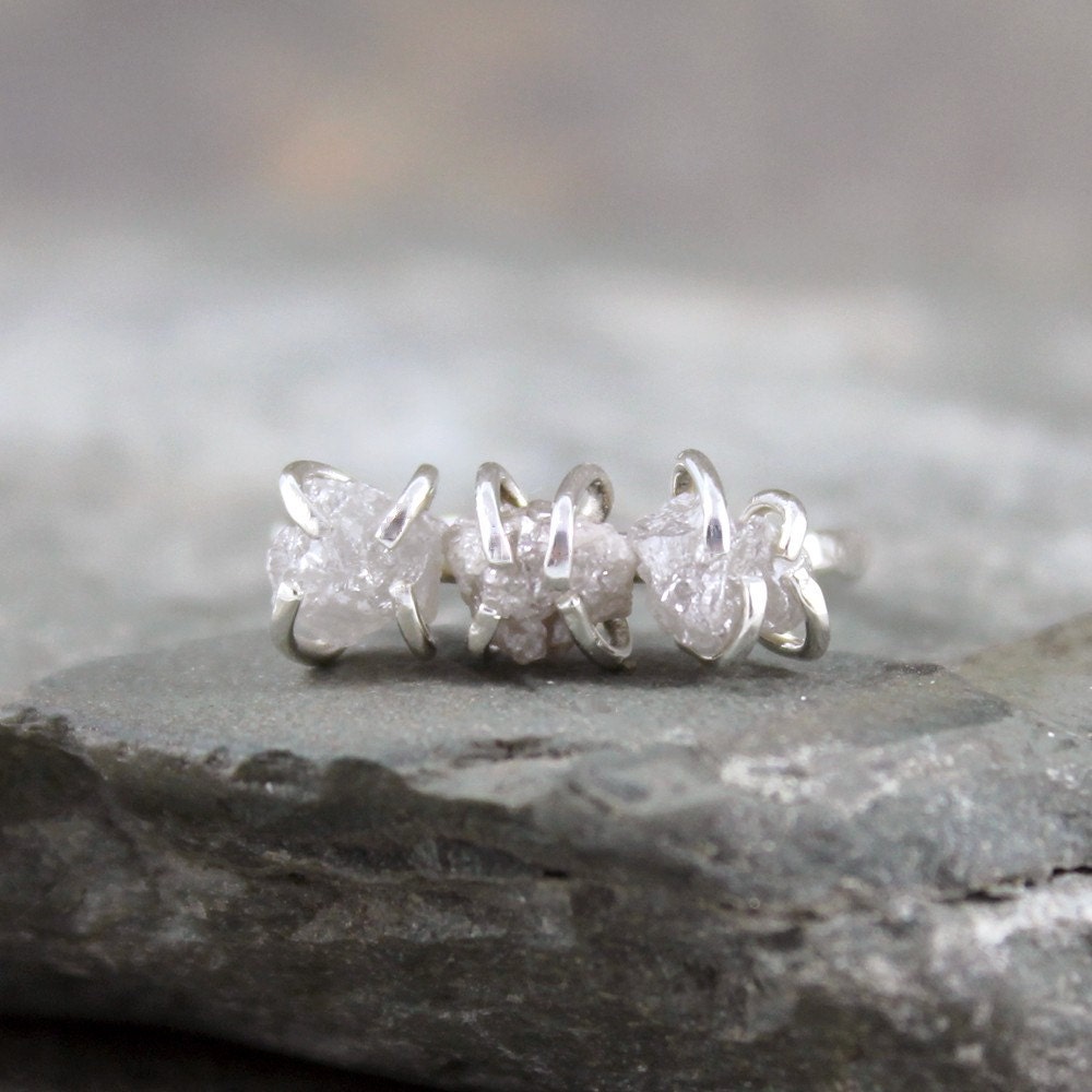 Three Stone Rough Diamond Ring  - Trio Rough Diamonds - 3 Raw Diamond Engagement Ring - Anniversary Ring