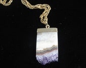 Amethyst Quartz Crystal Geode Banded Slice GOLD Frame Pendant with Chain Necklace